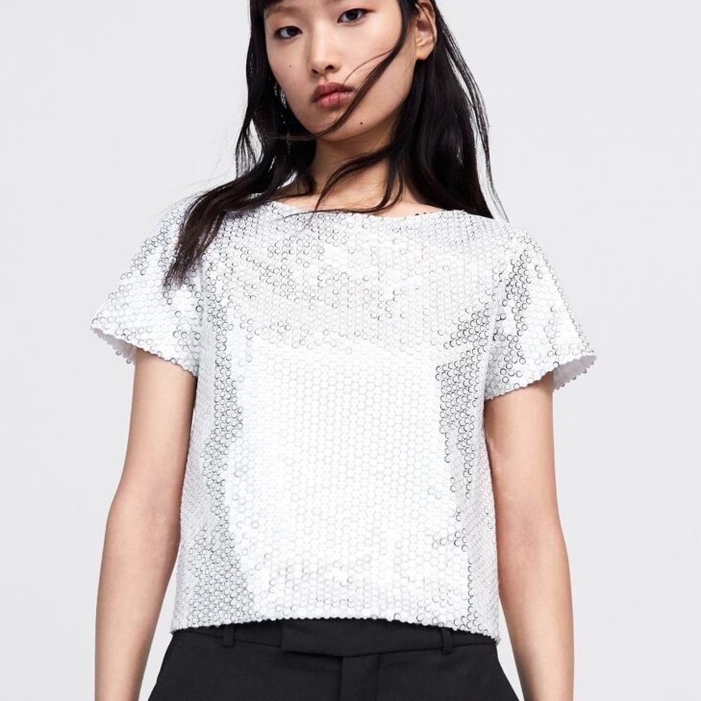 Zara COMBINED SEQUIN BLOUSE T-Shirt Top White NEW